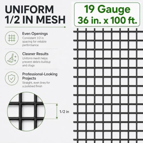 GoldPeak Black Hardware Cloth 1/2 inch 36'' x 100' 19 Gauge | Vinyl Coated Chicken Wire Fencing Wire Mesh Roll Garden Fence Rodent Mesh Rabbit Wire Tree Guard - size: 1/2 inch 36''x100'