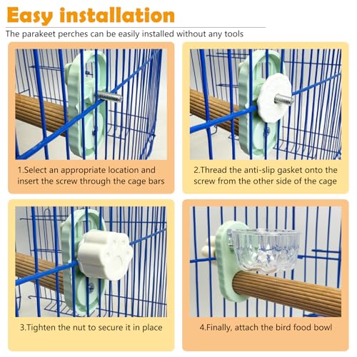 Kathson 3Pcs Bird Perch Feeding Cup Natural Wood Perches with Removable Bird Feeder for Cage Parrot Stand for Parakeets, Budgies, Cockatiels,Parrots, Birds Chewing Stick (Green) - color: Green