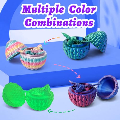 4 Pack 3D Printed Dragon Egg - Small Scale Egg with Winged Dragon Inside, Surprise 3D Printed Gift Toy, Desk Executive Pet, Figurine Decor（Purple Green Rainbow Glow - color: Purple+green Blue+candy Rainbow+glow Green