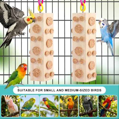 Bird Foraging Toy Parakeet Toys for Budgie, Conure, Cockatiel, Lovebird, and Small to Medium Parrots, 2 Pack Hanging Parrot Toy with 92 Detachable Corks, Natural Wood