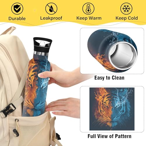 Tigers Water Bottles for Boys Tiger Leakproof Insulated Flask Jug Insulated Stainless Steel Travel Mugs Thermos Bottle Cups with Straw Lid for Sport 600ml - color: tigers face