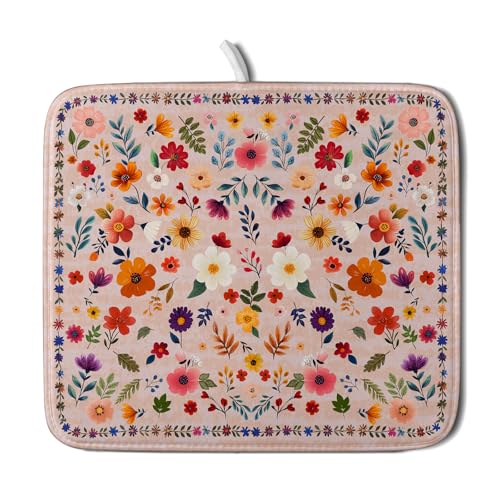 Boho Floral Dish Drying Mat - Pink Wildflower Absorbent Microfiber Kitchen Counter Pad for Home Coffee Bar Decor - color: Wildflowers Pink, size: 18" x 16"