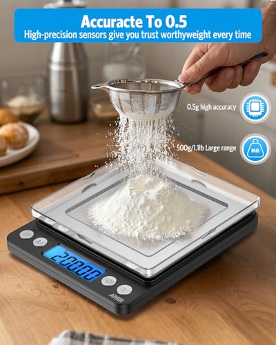 AMIR Digital Kitchen Scale, 500g/0.01g Mini Pocket Jewelry Scale, Cooking Food Scale with Backlit LCD Display, 2 Trays, 6 Units, Auto Off, Tare, PCS Function, Stainless Steel, Battery Included, Black - color: Black