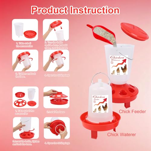 Chick Feeder and Waterer Set Top Fill 3.3LB Feeder and 0.4Gal Waterer with 3 Adjustable Heights Legs for Chicks