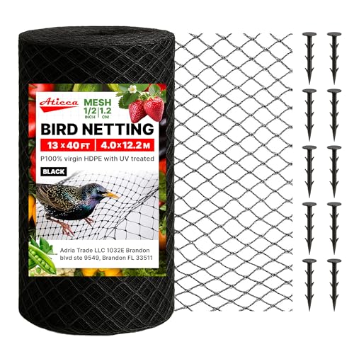 ATICCA Heavy Duty Bird Netting for Garden Protection & Fruit Trees, 13x40 Ft with 10 Stakes – Black Anti-Bird Net for Poultry, Deer, & Squirrel Protection, Durable Mesh for Garden and Yard Use - size: 13x40 Ft Bird Netting