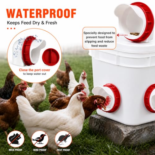 Chicken Feeder Port Kit, 6 Ports No Waste Automatic Chicken Feeder Cups with Rainproof Covers, 3.15" Hole Saw, DIY Gravity Poultry Feeder for Buckets, Barrels, Bins & Troughs