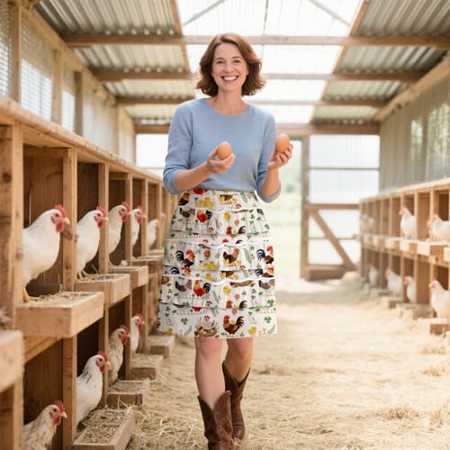 CUTHOLLOW Egg Collecting Apron for Adlut, Housewife, 18 Deep Pockets Hen Egg Gathering Holding Apron with Elastic Closures - style: Chicken Flowers