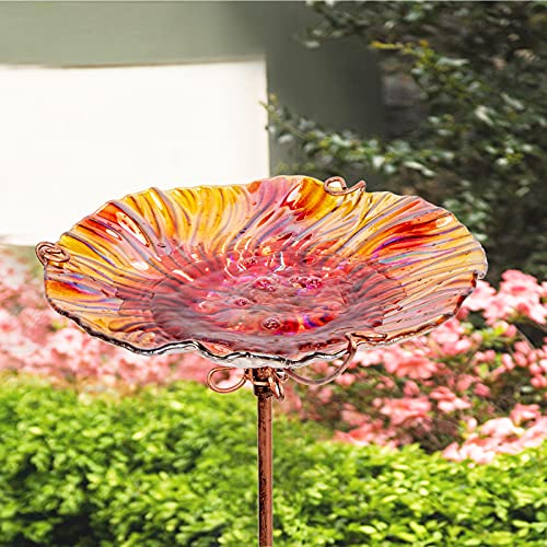Glass Bird Bath for Outside, Red Bird Feeder Birdbaths for Oudoors | 26 Inch Red Bird Baths Combines Garden Decor & Bird Feeder Functions, Stable Four-Prong Stake, Easy to Install and Clean - color: Red