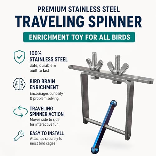 Bird Toys for Large Birds (Blue Spinner) Stainless Steel Bird Toy with Traveling Spinner | Macaw Toys | Durable Puzzle Enrichment Toy for Medium to Large Birds Cockatoos Parrot | Bird Cage Accessories - color: Spinner - Blue Flamed