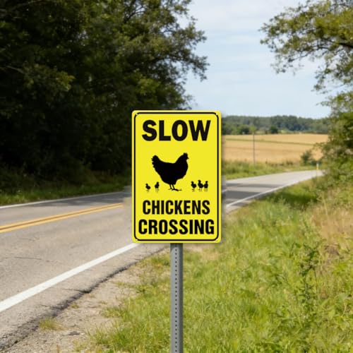Chicken Crossing Sign - 8 x 12 inch Metal Aluminum Slow Chicken Signs for Coop, Farm, Outside, Chicken Themed Birthday Party, Rural Roads & Backyard, Gift for Chickens Lovers - color: Chicken-Yellow/Black