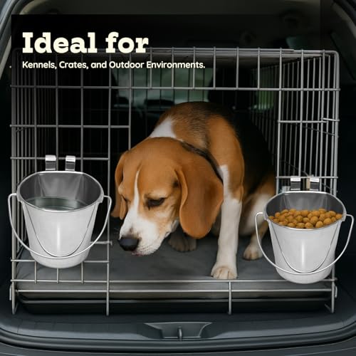 4 Quart Stainless Steel Flat Sided Bucket with Dual Hooks | 2 Pcs Durable Food & Water Bowl for Dogs Cats Goat & Livestock | Fits kennel Cage Critter Crate Hanging Pet Pail | Multipurpose - size: 4 Quart (Pack of 2)
