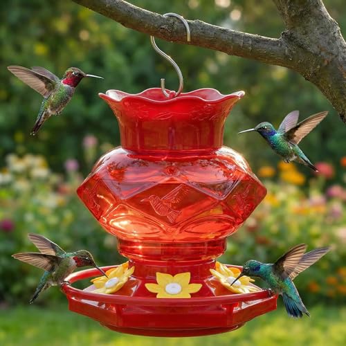 Hummingbird Feeders for Outdoors Hanging Ant and Bee Proof, 18OZ Diamond Humming Bird Feeders for Outside Circular Perch with Leak Proof & 6 Feeding Ports, Gifts for Women, Red 1 Pack Plastic - color: Red-1PC