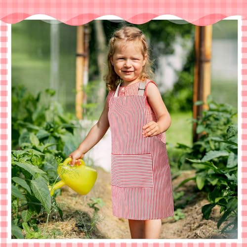 Newcotte Stripes Kids Aprons, Adjustable Cotton Bib Chef Apron with 2 Pockets for Cooking Painting Baking Toddler Boys Girls - color: Pink