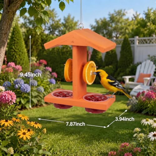 Oriole Feeder, Oriole Feeders for Outdoors, Wooden Feeder for Oriole Birds with Double Cup for Jelly or Jam,Fruit,Nectar or Seed, Orange