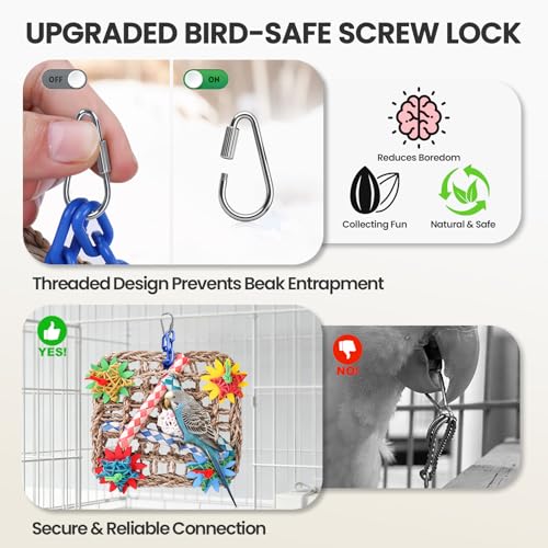 Cockatiel Toys for Medium Birds. Extra Large Natural Seagrass Shred Mat | 7.8'' Parrots Seagrass Mat for Parakeets,Budgies,Caiques, Quakers ,Conures|Rattan Balls & Wood Finger Traps|Chew & Forage