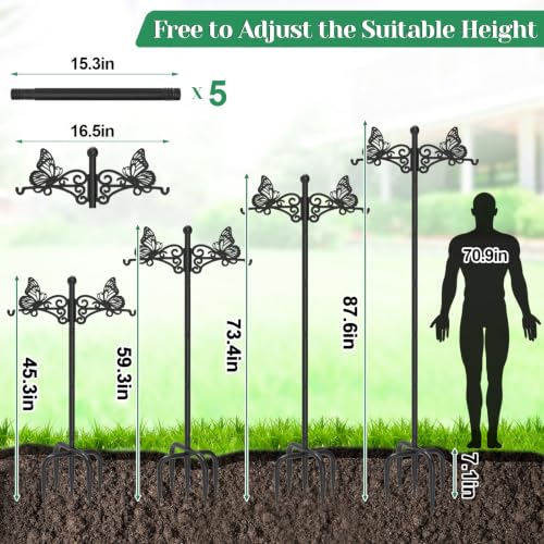 2Pcs Double Shepherds Hooks for Outdoor, 88" Adjustable Heavy Duty Bird Feeder Pole with 5-Prong Base & Butterfly Design, Shepherds Hooks for Garden Wedding Hanging Plant Lantern Wind Chime - color: Black-2