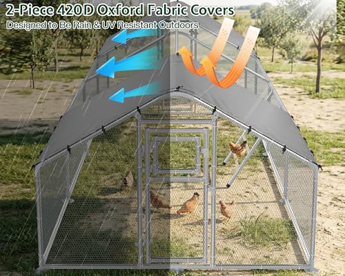26x10 FT Extra Large Walk-in Chicken Coop with Spire Roof Cover | Front and rear doors, feeding door, roosting ladder and galvanized frame support easier poultry care and access - size: 298.4"L x 118.1"W x 77.6"H