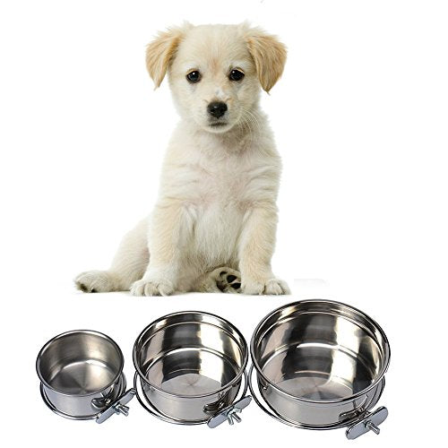 Pet Dog Stainless Steel Coop Cups with Clamp Holder - Detached Dog Cat Cage Kennel Hanging Bowl,Metal Food Water Feeder for Small Animal Ferret Rabbit (Medium) - size: Medium