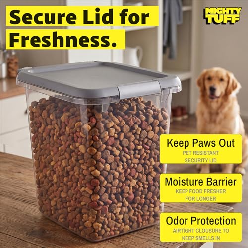 Mighty Tuff 20 lb Pet Food Storage Container with Airtight Lid, Clear | Secure lid clasp helps keep dog and cat food fresh while the clear container simplifies pantry organization.