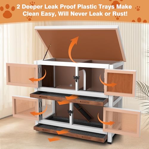 2 Story Rabbit Hutch, Indoor Outdoor Bunny Hutch Solid Wood Rabbit Cage with Removable Trays, Waterproof Asphalt Roofs and Ventilation Door, Small Animal House for Rabbit Guinea Pig Ferret, Walnut - color: Walnut