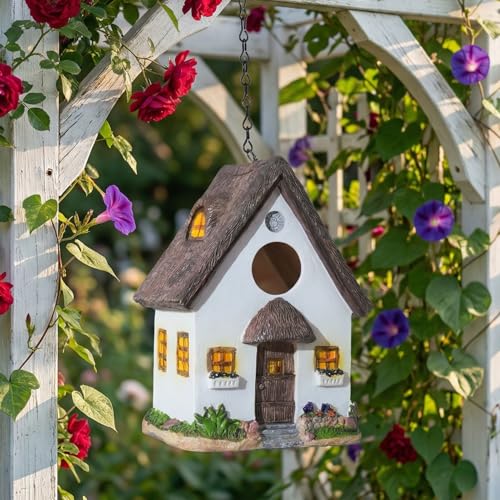 DEWEL Bird Houses for Outside, Waterproof Resin Birdhouses for Outdoors Garden, Patio, Yard, Hanging Decorative Bird House for Bluebird Finch Swallow Wren Chickadee, Gift for Bird Lovers - color: White