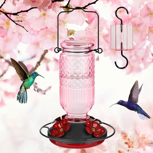 Glass Hummingbird Feeder for Outdoors Hanging, 16 oz Leak-Proof Nectar Feeder with Bee Guards & Ant Moat, 4 Metal Flower Feeding Ports, 360° Perch Ring, Easy Refill & Clean, Pink - color: Pink