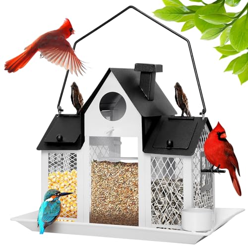 Solar Bird Feeders for Outdoors Hanging, Bird Houses for Outside | White,Wild Metal Bird Feeder,7LBS Large Capacity with Water Cup,Squirrel Proof Cardinal Bird feeder,Gift for Bird Lovers - color: White