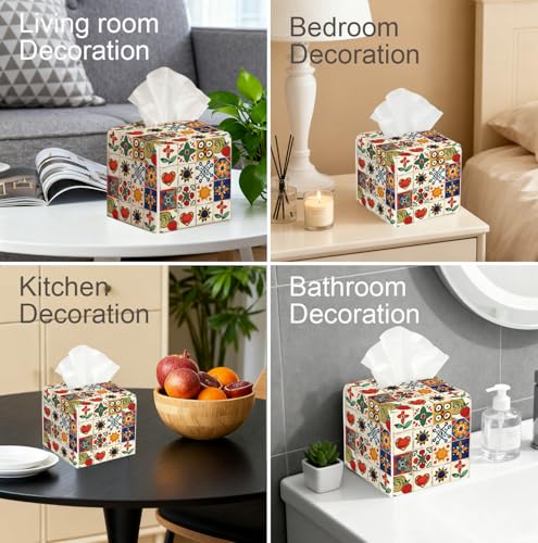 Mediterranean Colorful Pattern Tissue Box Holder, PU Leather Holder with Spanish Artistic Pattern for Living Room/Bathroom/Bedroom/Kitchen Decoration, Gift for Style Focused Homeowners. - color: White Decoration Theme-02