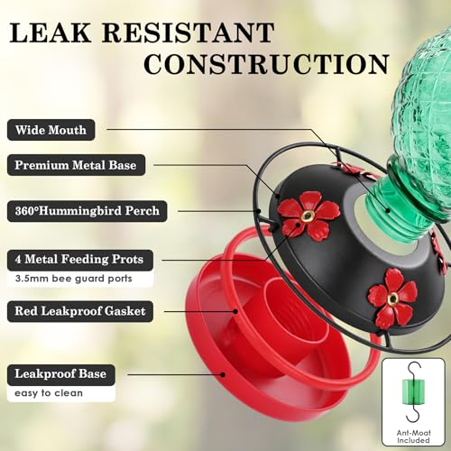25 OZ Glass Hummingbird Feeder for Outdoors, Leak Proof Hummingbird Feeder with Ant Moat, 4 Bee Resistant Feeding Ports, Easy Clean Wide Mouth Design, Hanging Nectar Feeder, Green - color: Green - 25oz