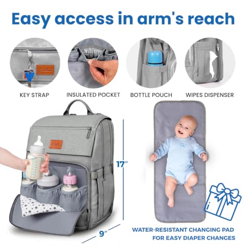 Baby Diaper Bag Backpack - Baby Bags for Boys & Girls, Large Waterproof Diaper Backpack - Baby Shower Gifts & Registry Must Haves - Travel Diaper Bags with Changing Pad & Back Zipper - Baby Boy Stuff - color: P. Light Gray, style: Classic