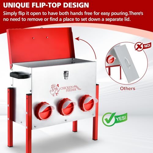 Chicken Feeder, 6 Feeding Ports, 35lbs Capacity Metal Feed Box with Handle and Feeding Lid, Automatic Chicken Feeders No Waste
