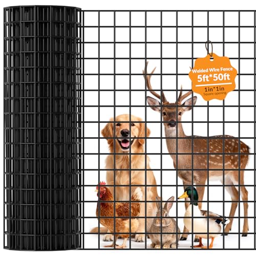 Welded Wire Fencing 5Foot x 50 Foot,1 Inch x 1 Inch 16GA Black PVC Wire Fence,Vinyl Coating Metal Wire Mesh for Yard Vegetable Protection Goat & Poultry Netting - size: 5ft*50ft 1″×1″