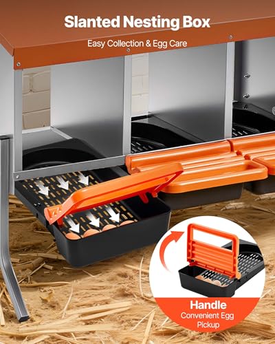 VEVOR Chicken Nesting Boxes, 4 Compartments, with Support Legs, Easy Egg Collection, Galvanized Steel and High-Strength Plastic, Roll Away Nesting Boxes for Chickens and Hens Laying Eggs, Orange - size: 41.7"L x 20.7"W x 26.6"H