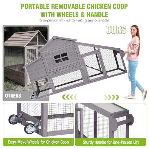 GUTINNEEN Large Chicken Coop on Wheels, Expandable Outdoor Mobile Chicken House, Hen House Poultry Cage with Nesting Box, Leakproof Pull-Out Tray & UV-Resistant Roof – Grey - color: (Grey)