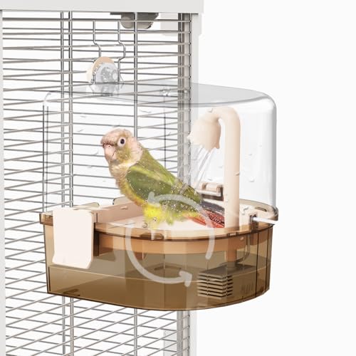 Automatic Bird Baths for Cage – Indoor Parakeet Bath with Pump, Bird Shower with 2 Modes Running Water, Bird Cage Accessory for Pet Birds Conure Budgies Cockatiels Lovebird (Light Brown) | Quiet auto pump with 4-layer filter & 4 refills Easy-clean clear t