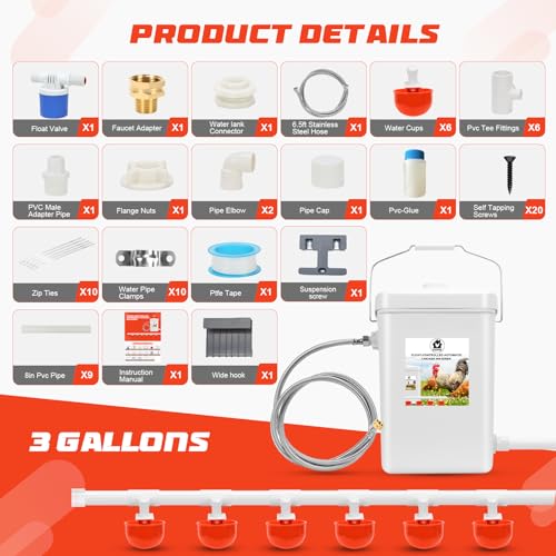 Automatic Chicken Waterer Float Controlled,3 Gallon Chicken Waterer | Dispenser with Hose Attachment,no waste， hanging chicken waterer， - size: 3 Gallon with hard tube