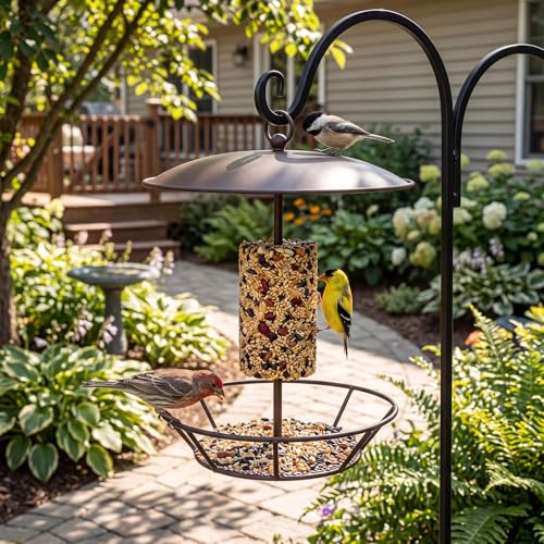 Bird Seed Cylinder Holder Wild Bird Feeder for Suet Cakes,Brown | Hanging Hanger with Roof, Metal Mesh Holds Round Suet Cakes, Attracts Backyard Wildlife to Garden Outdoor Feeding Station - color: Brown