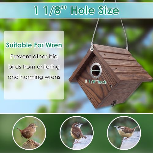 Dreyoo 2 Pack Wren House, 1-1/8'' Entrance Hole Hanging Wooden Wren Bird Houses for Outside with Metal Guard, Air Vents, Pine Wood for Chickadees (Burnt Wood Color) - color: Burnt Wood Color
