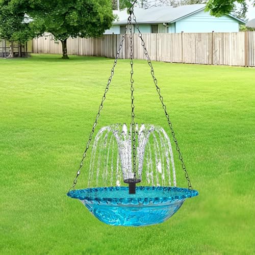 Hanging Bird Bath Fountain, Blue Glass Hanging Bird Bath with Water Fountain, Decorative Outdoor Bird Bath for Garden Yard Patio, Bird Water Feeder for Wild Birds