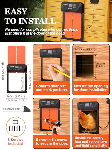 Automatic Chicken Coop Door, Aluminum Automatic Chicken Door with Anti-Pinch Feature, Timer and LCD Display (New-Orange)