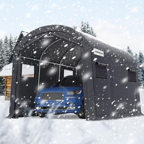 KING BIRD 10' x 15' Round Style Garage Carport Shelter Heavy Duty Storage Shelter Portable Canopy Shed with Roll-up Ventilated Windows for Boat, Patio Furniture and Lawn Mower-Dark Gray - size: 10'X15'