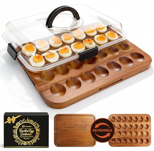 Deviled Egg Containers with Lid, 2-in-1 Acacia Wooden Deviled Egg Platter & Charcuterie Board, Portable Egg Platter With lid for Party, Home Kitchen Gift for Women - color: Black