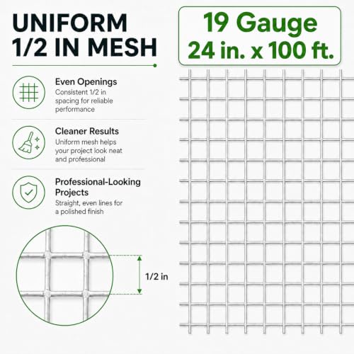 GoldPeak 1/2 inch Hardware Cloth Chicken Wire 24 inch x 100 Foot 19 Gauge | Hot-dip Galvanized After Welding, Chicken Wire Mesh Fencing Rat Wire Chicken Coop Cover Garden Fence Tree Guard - size: 1/2 inch 24'' x 100'