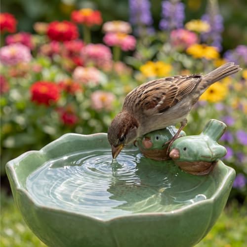 2 Pack Ceramic Bird Bath for Outdoors, 5.5" Ground Birds Bath Bowl for Outside, Heavy Duty Wild Bird Feeders, Feeding Tray Food Holder for Balcony Garden Lawn Patio Decor Tabletop, Green