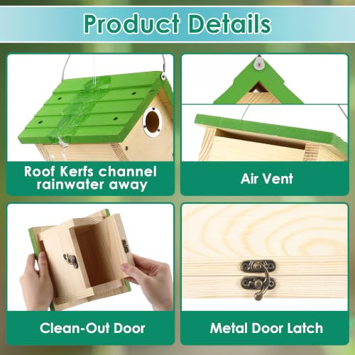Dreyoo 2 Pack Wren House, 1-1/8'' Entrance Hole Hanging Wooden Wren Bird Houses for Outside with Metal Guard, Air Vents, Pine Wood for Chickadees (Green,Wood Color) - color: Green, Wood Color