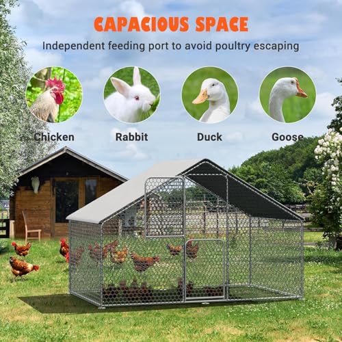 UDPATIO Metal Chicken Coop Walk in Large Chick Run House Pen | Double Feed Door UV-Resistant Cover Galvanized Frame Outdoor Cage for Bird Duck Rabbit Hen 6-10 Silvery-metal 1PCS - size: 120.0"L x 72.0"W x 72.0"H