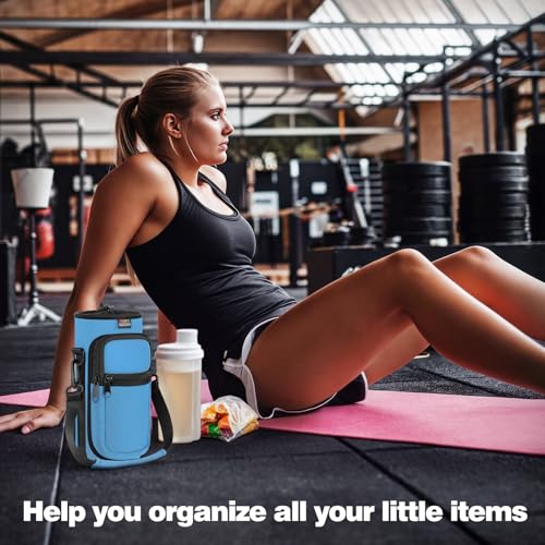 Nuovoware Water Bottle Carrier Bag, 25oz/32oz Bottle Pouch Holder, Adjustable Shoulder Hand Strap 2 Pocket Sling Neoprene Sleeve Sports Accessories for Hiking Travelling Camping, Azure Blue | Adjustable Shoulder Hand Strap, 2 Pocket, Neoprene Sleeve, For