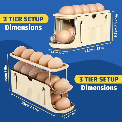 Adjustable Egg Holder for Fridge, Space Saving Egg Organizer Container, Automatic Rolling Egg Dispenser for Refrigerator, Clear Tray for Kitchen Countertop, Home, RV and Dorm Room