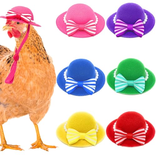 6-Pack Mini Chicken Hats for Hens, Dolls Hats, Cute Decorations | Cotton & Polyester, 2.76 in (7 cm), Adjustable Chin Strap, Fits Small Animals - style: Bowknot-Pearl-New