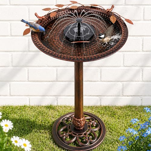 Metal Bird Bath with Solar Fountain Pump & LED Lights, 34" Tall Iron Birdbath for Outdoors, Heavy Duty Cast Iron Pedestal Bird Bath for Garden Yard Patio Lawn Deck, Bronze Finish